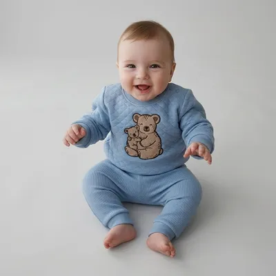 Blue Cotton Teddy Bear Print Full Sleeve Romper for Baby