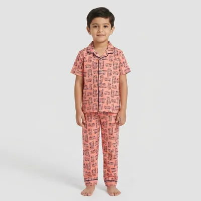 Peach Fire Truck Print Cotton Night Suit for Boys