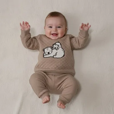 Beige Cotton Quilted Polar Bear Print Baby Set
