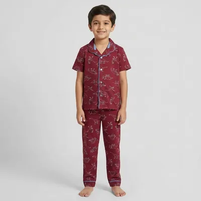 Maroon Cotton Dinosaur Print Night Suit for Kids