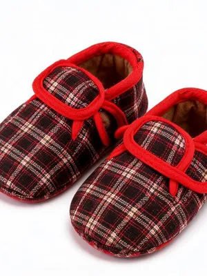 Red Textile Plaid Baby Booties for Infants