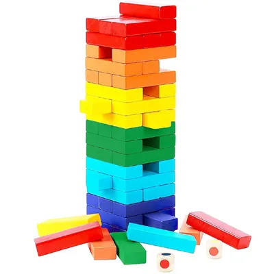 Colorful Wooden Tumbling Tower – 54 Piece Stacking Block Game with Dice