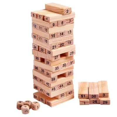 Wooden Number Tumbling Tower – 54 Piece Stacking Block Game with Dice