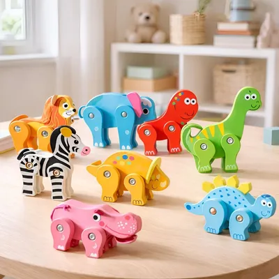 Forest Zoo Wooden Animal Figures – Jointed Safari & Dino Toy Set