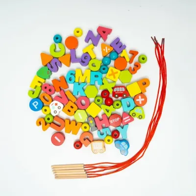 Wooden Lacing Toy Set (42 Pcs) – Alphabet, Number & Shape Threading Beads