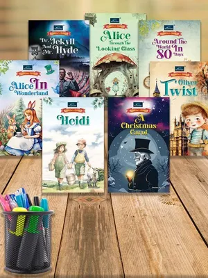 Children's Classics Novel (Set of 7 books)- Alice In Wonderland, Heidi, Around The World 80 Days, Dr. Jykell & Hyde, Oliver Twist, A Christmas Carol & Alice Trough The Looking Grass