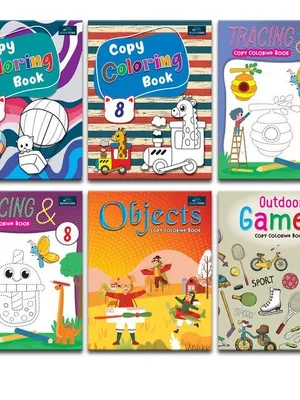 Copy Coloring Books For Kids - Set Of 6 Books - Tracing Copy Coloring Book , Objects, Outdoor Games And Many More