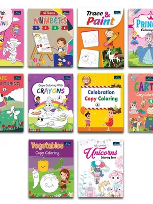 Copy Coloring Books For Kids - Set Of 10 Books - Numbers, Trace & Paint, Princess, Cartoon, Unicorns And Many More