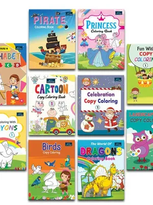 Copy Coloring Books For Kids Set Of 10 Books - Alphabet, Pirate, Princess, Cartoon, Birds & Dragons Etc - 2 Years To 6 Years Kids