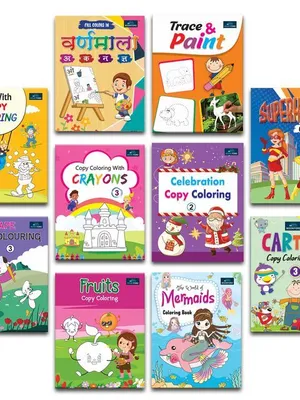 Copy Coloring Books For Kids - Set Of 10 Books - Hindi Varnamala, Trace & Paint, Super Heroes And Many More