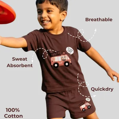 Soft & Comfortable Natural Cotton Unisex Baby & Kids Co-Ord Set — Fire Truck