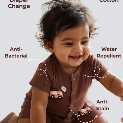 Mess-Proof Natural Cotton Unisex Rompers for Babies — Fire Truck