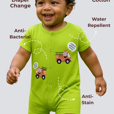 Mess-Proof Natural Cotton Unisex Rompers for Babies — Fire Truck