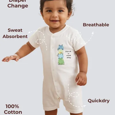 Easy Diaper Change Natural Cotton Unisex Rompers For Babies — Frog Family