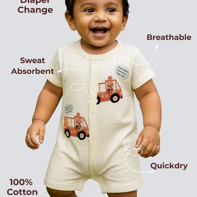 Mess-Proof Natural Cotton Unisex Rompers for Babies — Fire Truck