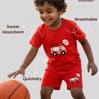 Soft & Comfortable Natural Cotton Unisex Baby & Kids Co-Ord Set — Fire Truck