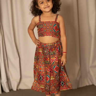 Elegant Red Ethnic Skirt and Top Set for kids