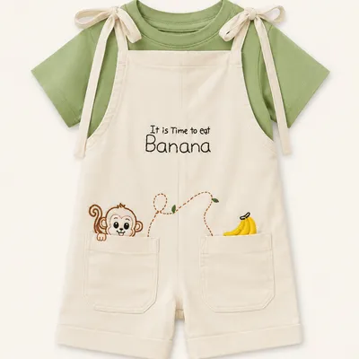 Banana Monkey Tie-Strap Dungaree Set — Baby Boys 2-Piece Romper & Tee