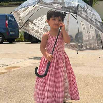 Cherry Blossom Gingham Twirl Dress — Girls Sleeveless Sundress with Floral Lace Hem