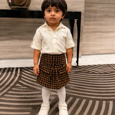 Ivory Collar Shirt & Houndstooth Skirt Set