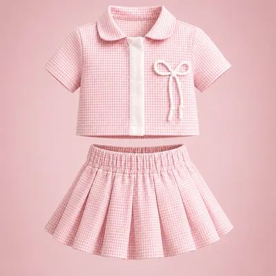 Peony Check Bow Collar Shirt & Pleated Skirt Set — Girls 2-Piece Co-ord