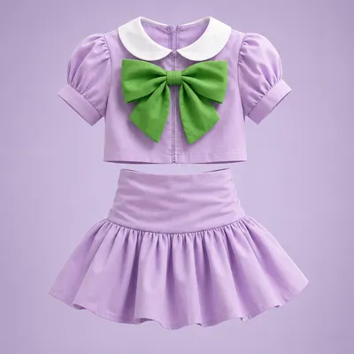 Lilac Bloom Green Bow Collar Set — Girls Puff Sleeve Top & Skater Skirt