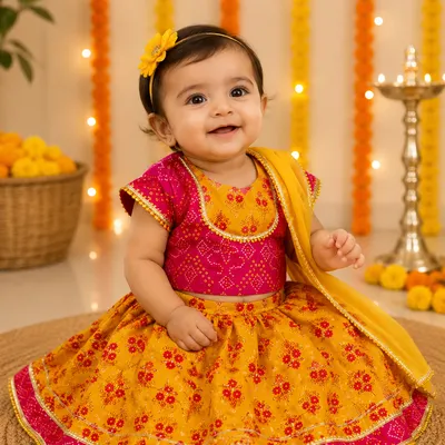 Yellow & Pink Lehenga Choli with Dupatta | Pure Cotton Ethnic Festive Wear Set — 0-12m