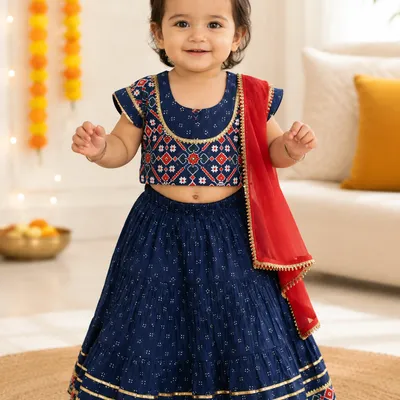 Navy Blue Lehenga Choli with Red Dupatta | Festive Ethnic Wear Set for Girls — 0-12m