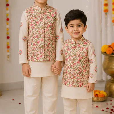 Beige Floral Nehru Jacket Kurta Pajama Set