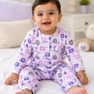 Lavender Animal Print Cotton Night Suit | Full Sleeve Top & Pyjama Set