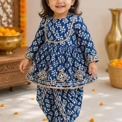 Blue Printed Peplum Kurti with Dhoti Pants | Pure Cotton Ethnic Set