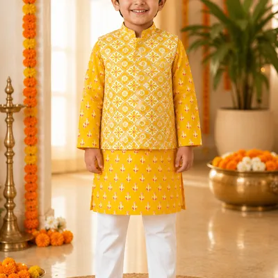 Dark Yellow Cotton Kurta Pyjama Set with Printed Nehru Jacket