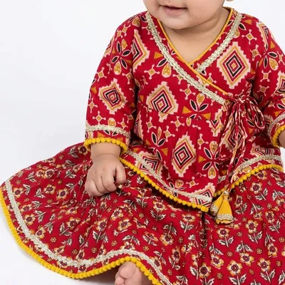 Mehroon Printed Angrakha Choli with Lehanga — 0-12m