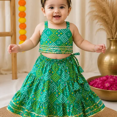 Green Bandhani Print Lehenga Choli | Cotton Festive Ethnic Wear Set for Infants & Toddlers — 0-12m