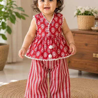 Red Pure Cotton Peplum Top with Palazzo Set — 0-12m