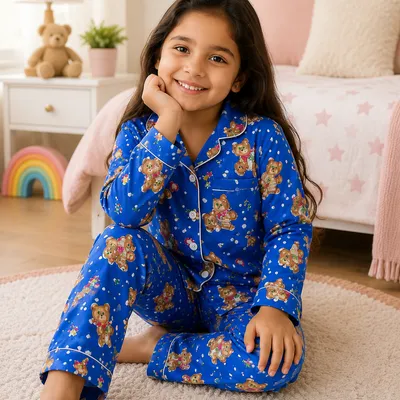 Blue Teddy Bear Pure Cotton Night Suit | Kids Full Sleeve Button-Down Pajama Set