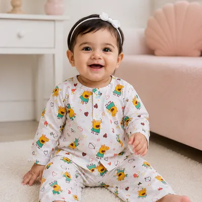 Cartoon Print Cotton Night Suit | Full Sleeve Top & Pyjama Set