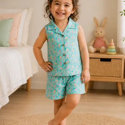 Aqua Floral Cotton Co-ord Set — 0-12m
