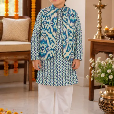 Blue Ikat Print Nehru Jacket Kurta Pajama Set