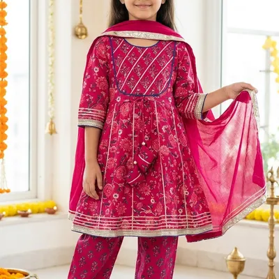 Magenta Floral Kurta Pant Set with Dupatta