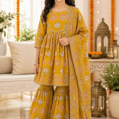 Yellow Cotton Sharara Suit Set with Dupatta