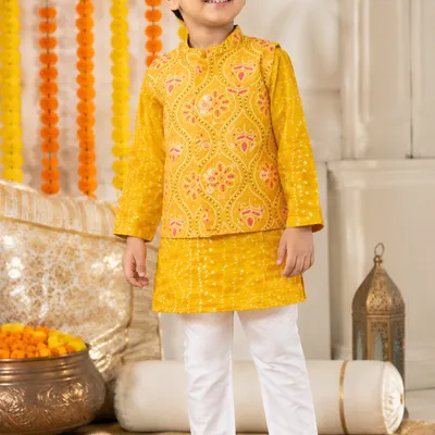 Yellow Cotton Kurta Pajama Set with Printed Nehru Jacket