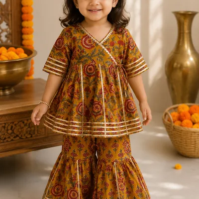 Mustard Floral Peplum Kurti with Sharara Pants | Pure Cotton Ethnic Set