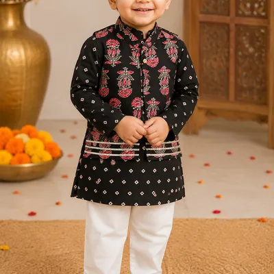 Black Printed Kurta Pajama with Nehru Jacket Set