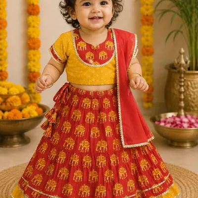 Red & Yellow Elephant Print Lehenga Choli with Dupatta — 0-12m