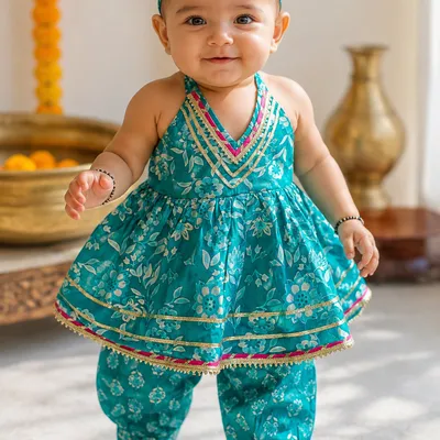 Teal Halter Neck Peplum Top with Dhoti Pants | Pure Cotton Ethnic Co-ord Set — 0-12m