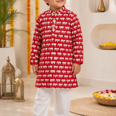 Red Elephant Print Cotton Kurta Pajama Set