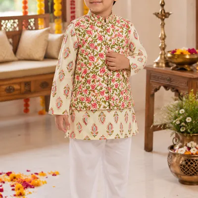 Floral Nehru Jacket Kurta Pajama Set