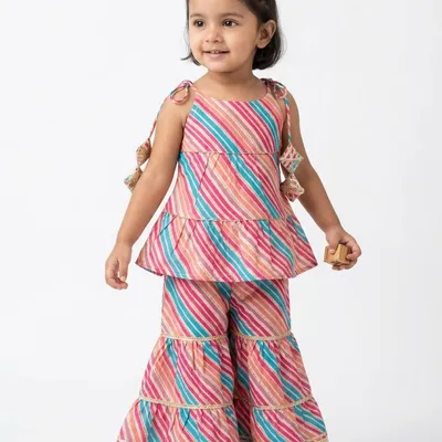 Multicolor Leheriya Peplum Top with Sharara Pants