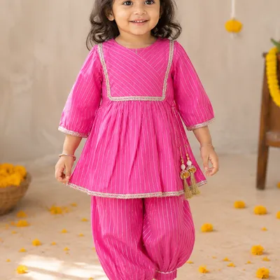 Pink Pure Cotton Peplum Top with Afgani Pant Set